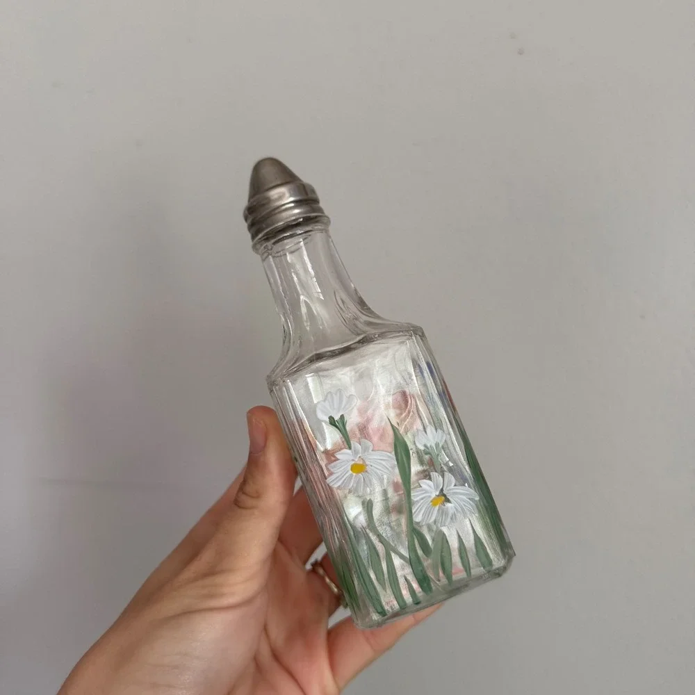 Vintage Hand Painted Floral Glass Shaker Bottle with Metal Cap 5.5 Inch